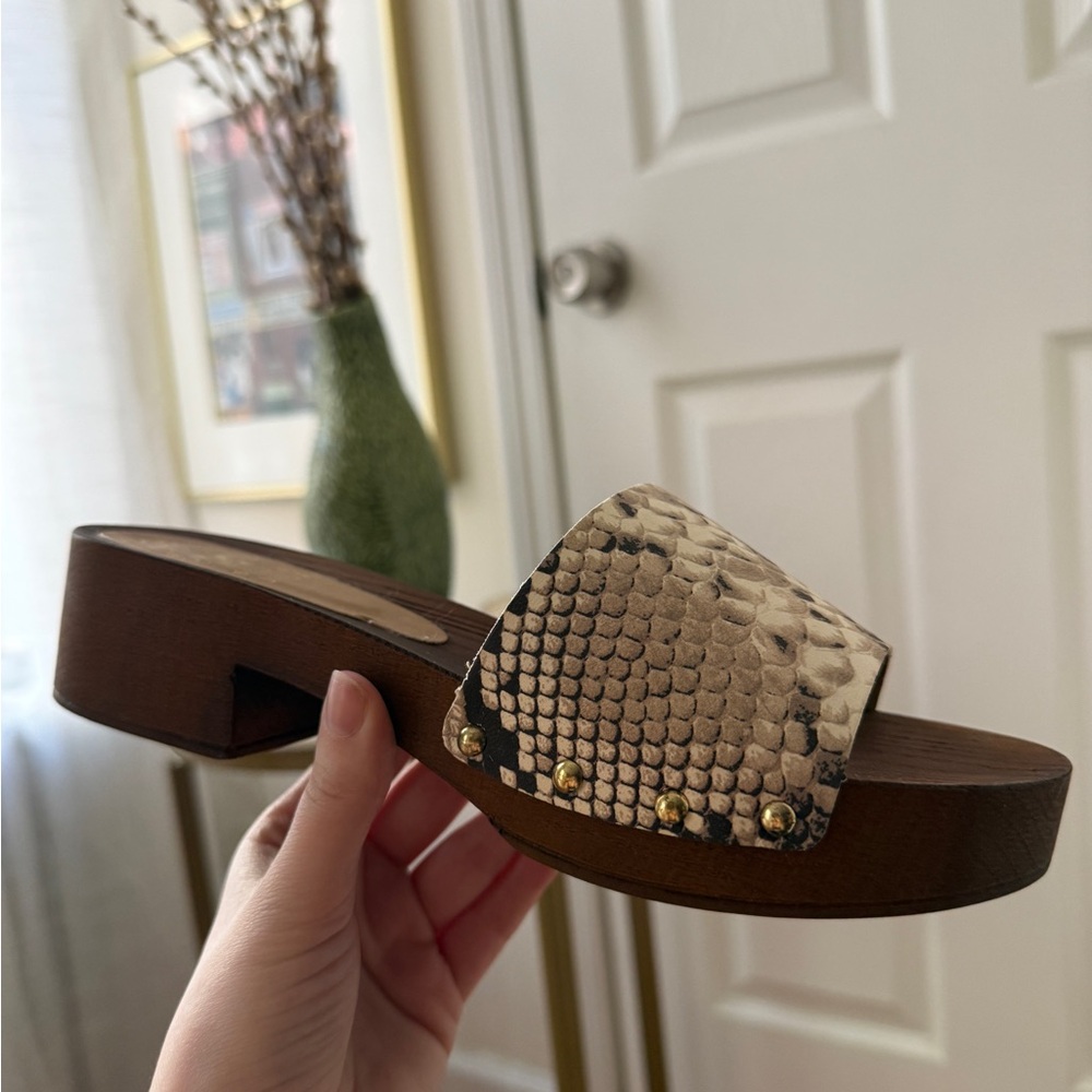 Vince Camuto Tan Snake-Print Slide Clogs with Wood Heels and Gold Studs